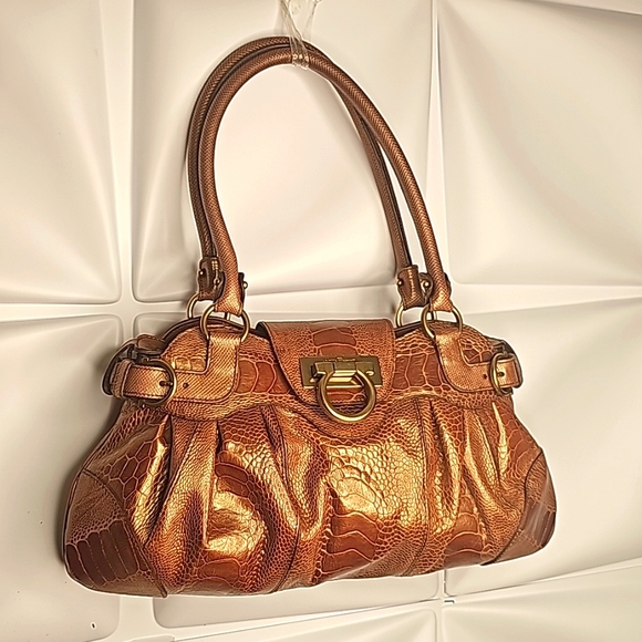 SALVADOR FERRAGAMO OSTRICH HAND BAG BROWN LEATHER - Picture 14 of 16